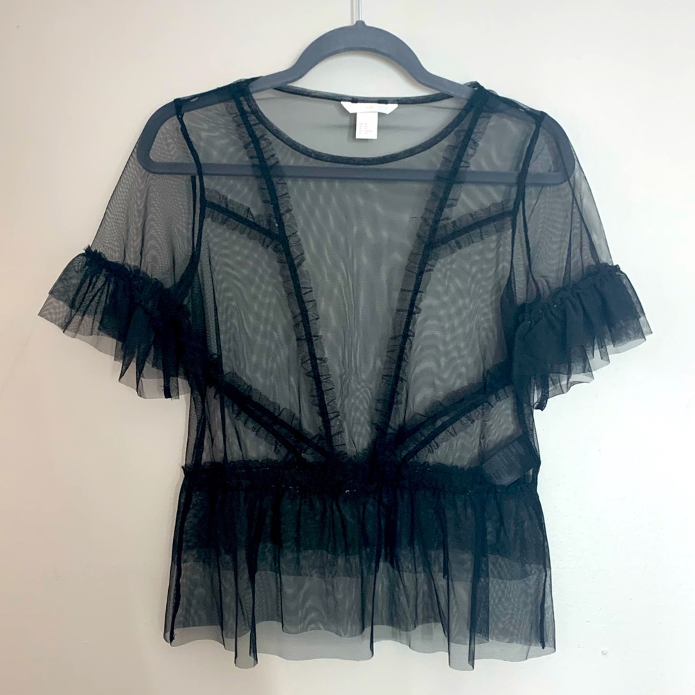 H&M Black tulle top with frilly sleeves - NEW